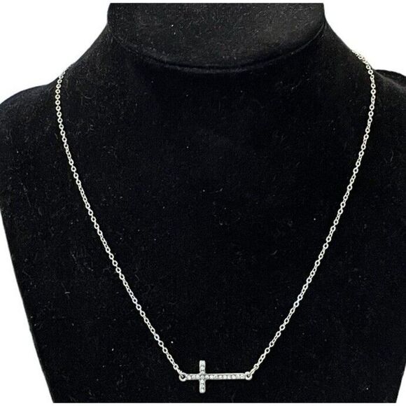 Silver Tone Sideways Cross Necklace Rhinestones 18” Religious Dainty New Gift - Picture 1 of 6